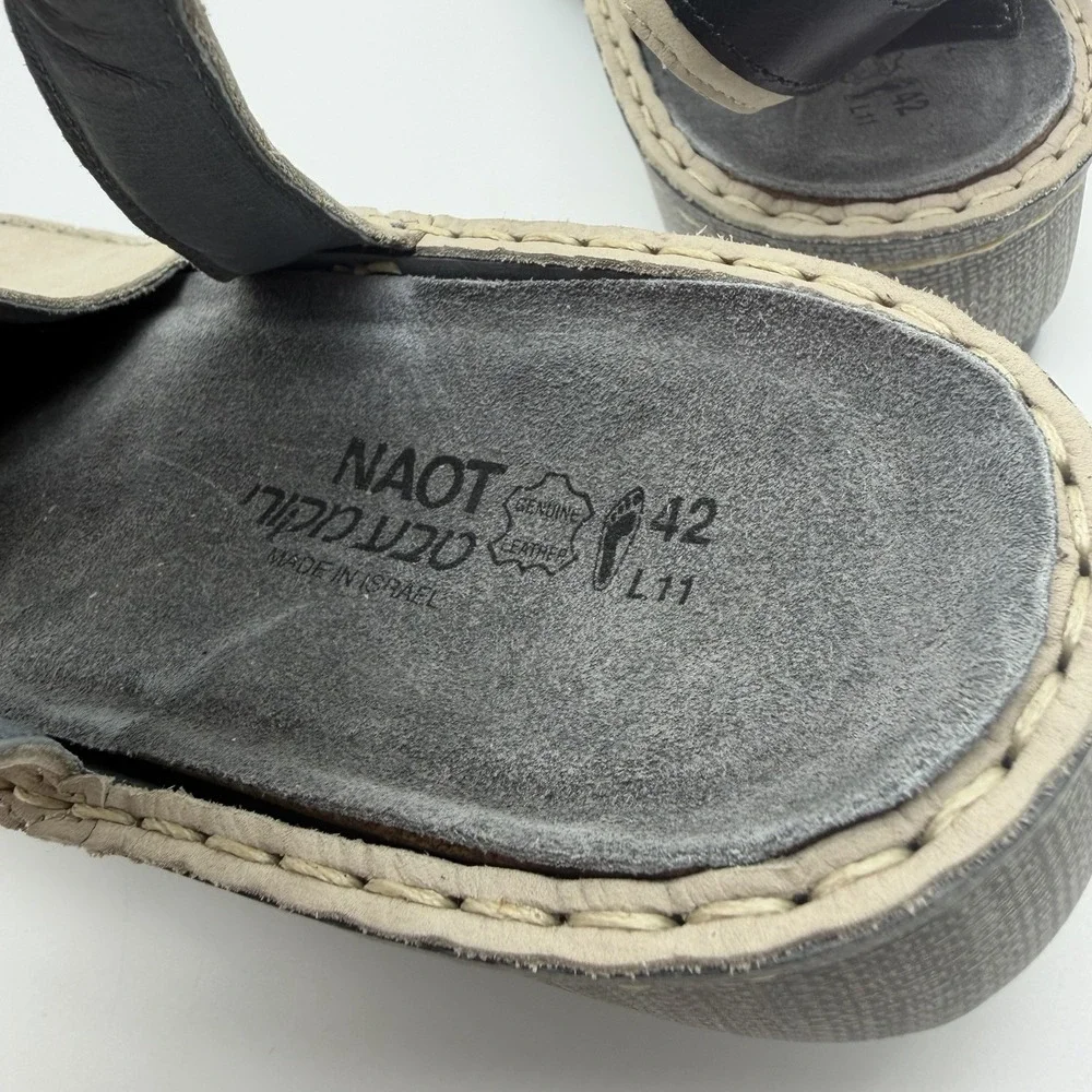 Naot Women's Verbena Leather Wedge Sandals Stone Nubuck Black Strap EU 42 US 11